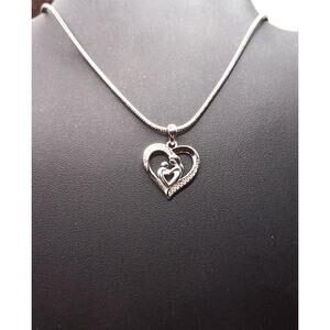 925 Sterling Silver Mother Child Heart CZ Necklace 18" Stainless Chain